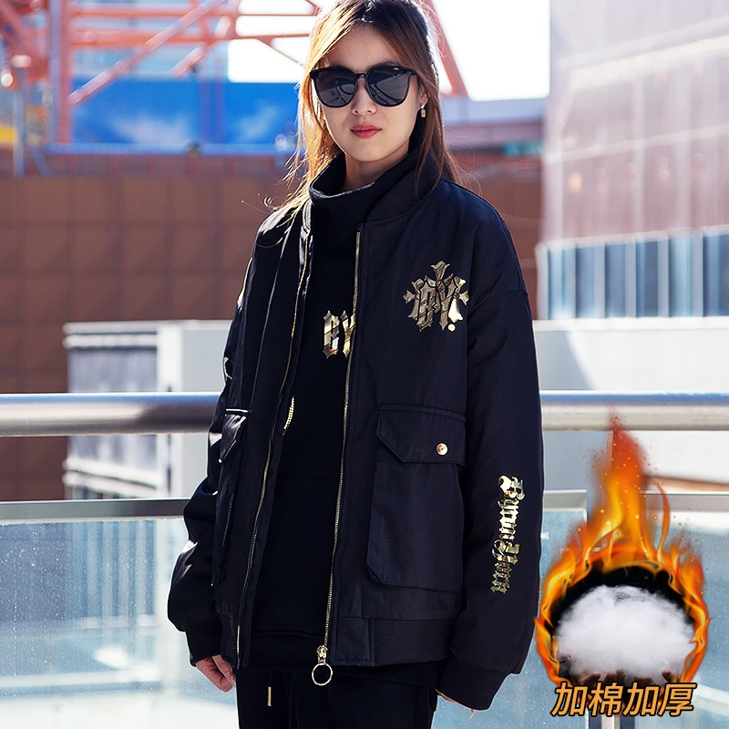 BY潮牌新款烫金翅膀飞行加棉夹克/男女同款休闲网红棉衣男装