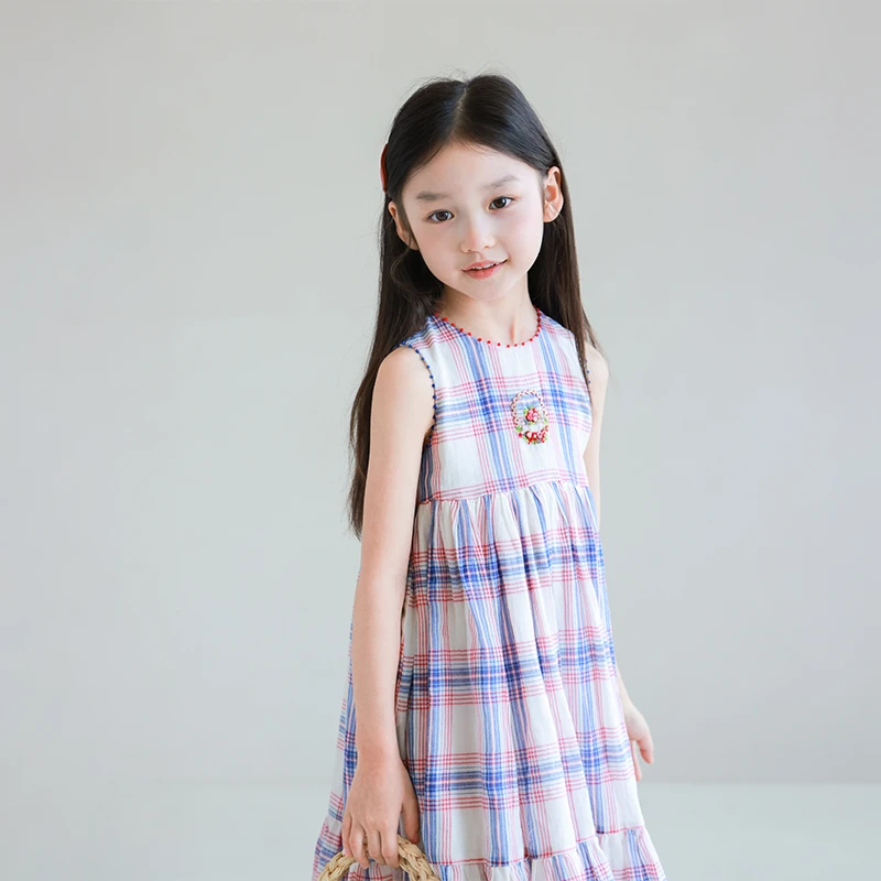 utouto大耳象女童格纹无袖连衣裙2025夏季新款纯棉薄裙子2503222