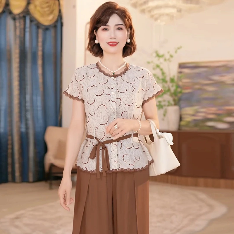 气质妈妈雪纺小衫套装夏季新款中老年女装宽松洋气云朵花色两件套