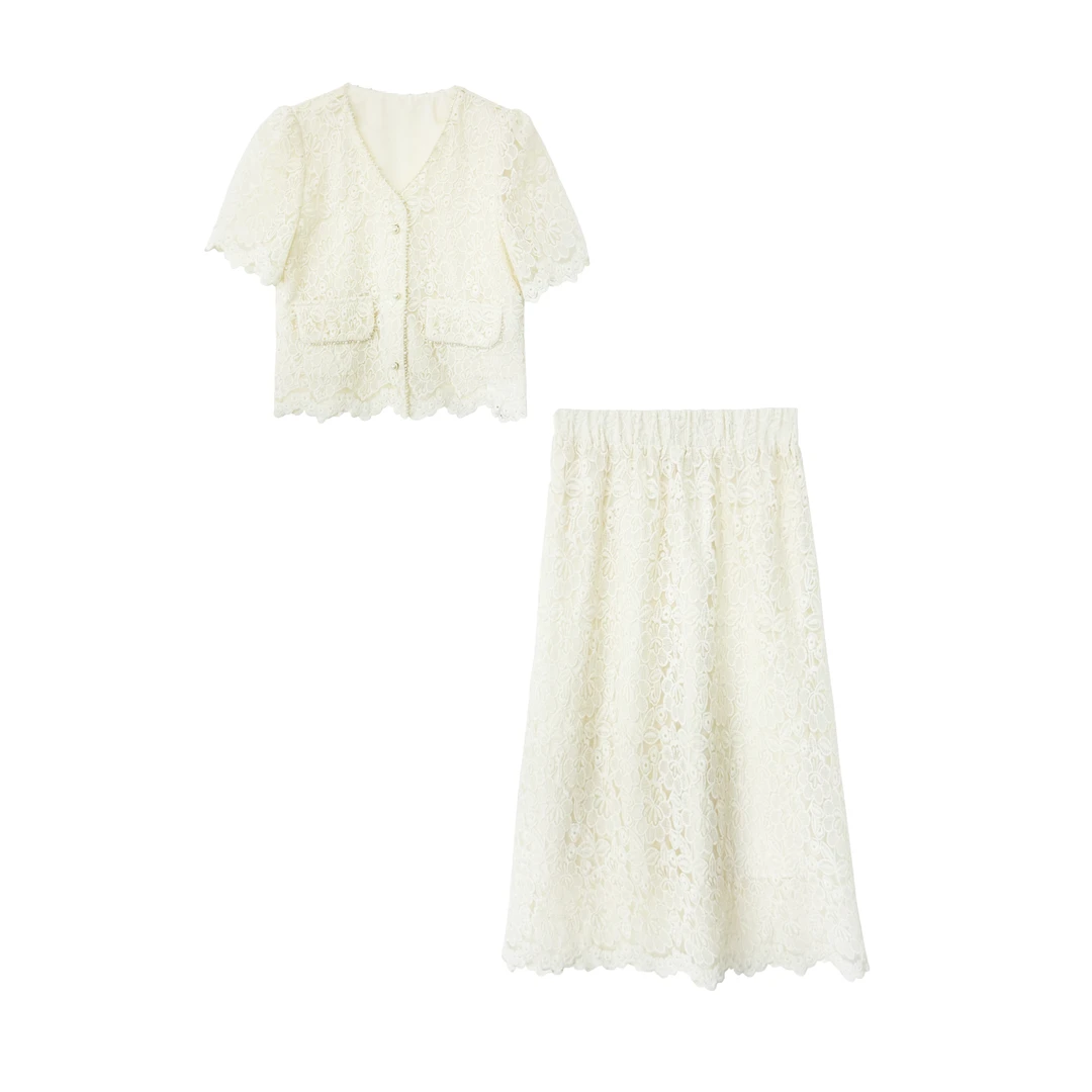 【四季青红姐】法式重工钉珠蕾丝网纱舒适透气轻奢气质套装TY8935