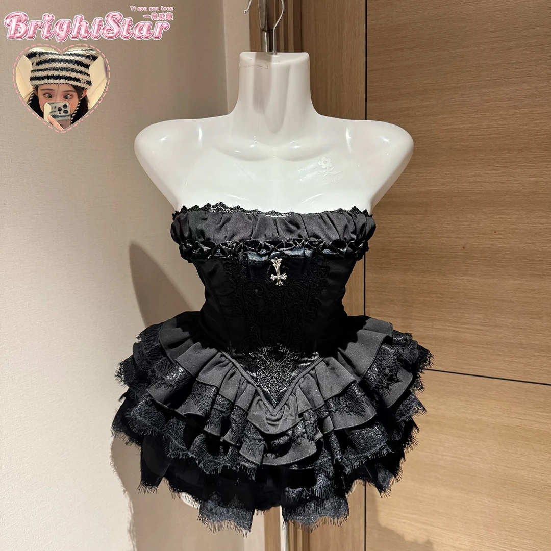 暗夜古堡/甜酷暗黑风鱼骨束腰上衣蕾丝收腰蛋糕裙裤两件套装女
