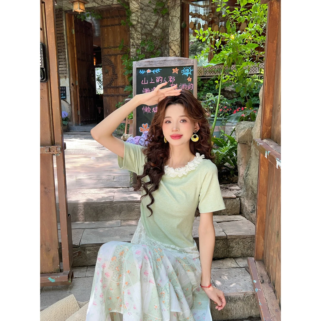 温敏er【珊瑚秘境】欧若风穿搭短袖T恤设计感修身上衣MW2023433