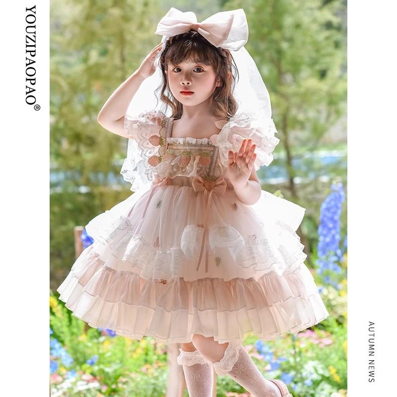 女童夏季新款连衣裙儿童草莓女孩洛丽塔高端蓬蓬礼服吊带公主裙子