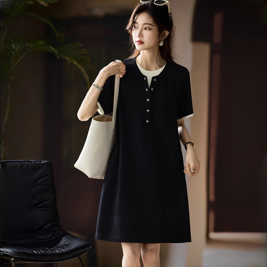 圆领拼色假两件连衣裙2025夏季大码胖MM时尚宽松显瘦女款短袖裙子