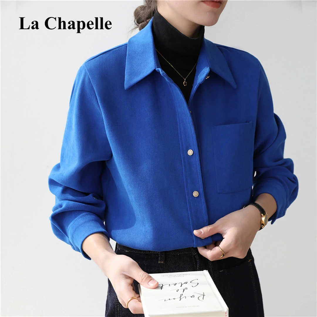 拉夏贝尔克莱因蓝磨毛衬衫女装秋冬季新款加厚高级感通勤正肩衬衣