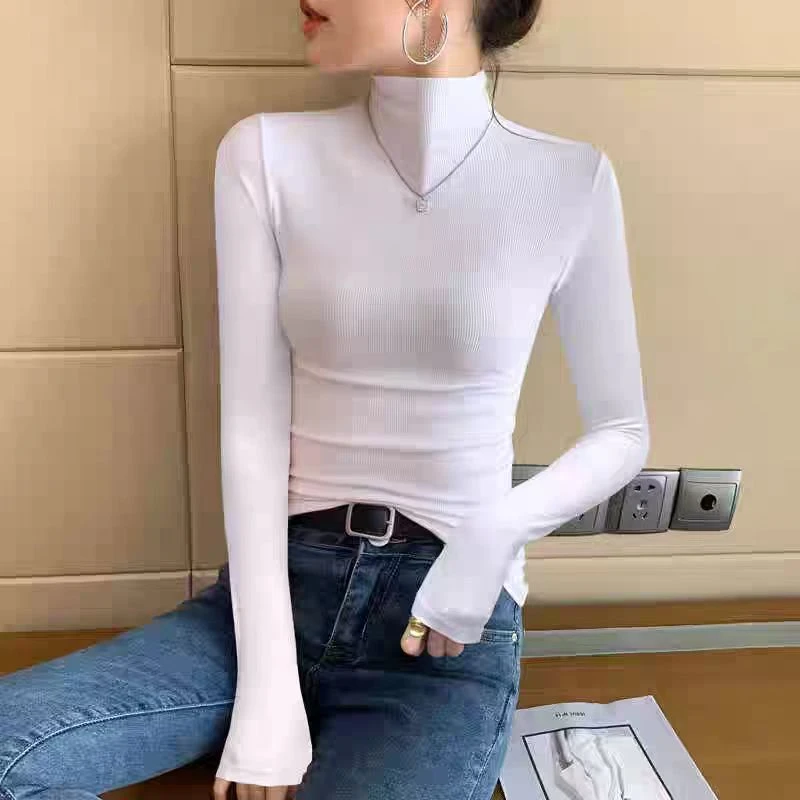 2025秋冬新款薄款长袖面膜t上衣服白色半高领莫代尔修身显瘦t恤女
