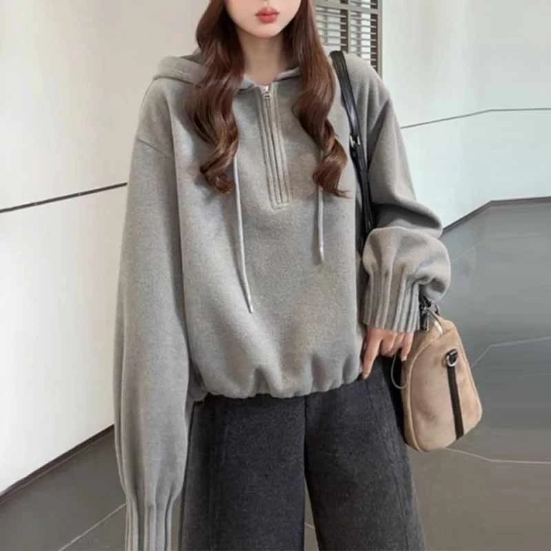 【冬的恋歌】2025新款时尚小众设计宽松独特袖口褶皱半拉链连帽卫衣