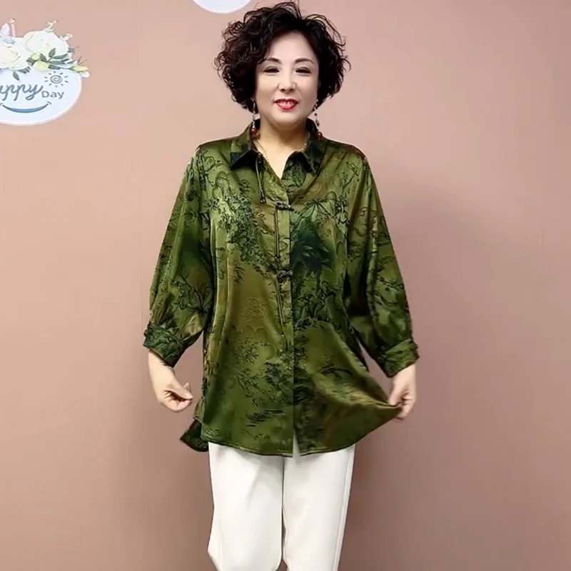 妈妈春装九分袖开衫薄外套中老年女装夏季大码宽松时尚衬衫中长款