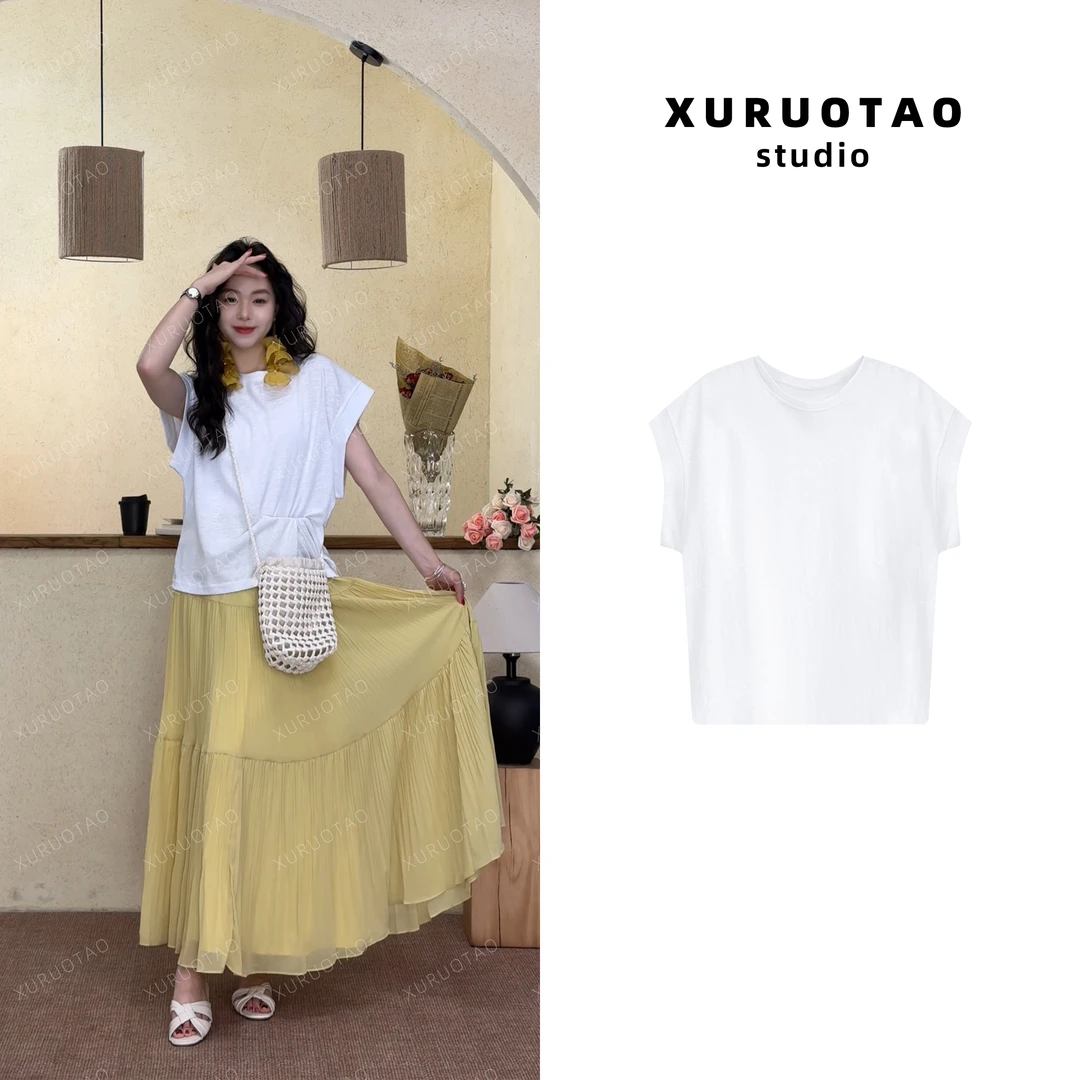 XURUOTAO【海盐微风】大袖口设计感休闲显瘦白色短袖T恤上衣 T5188