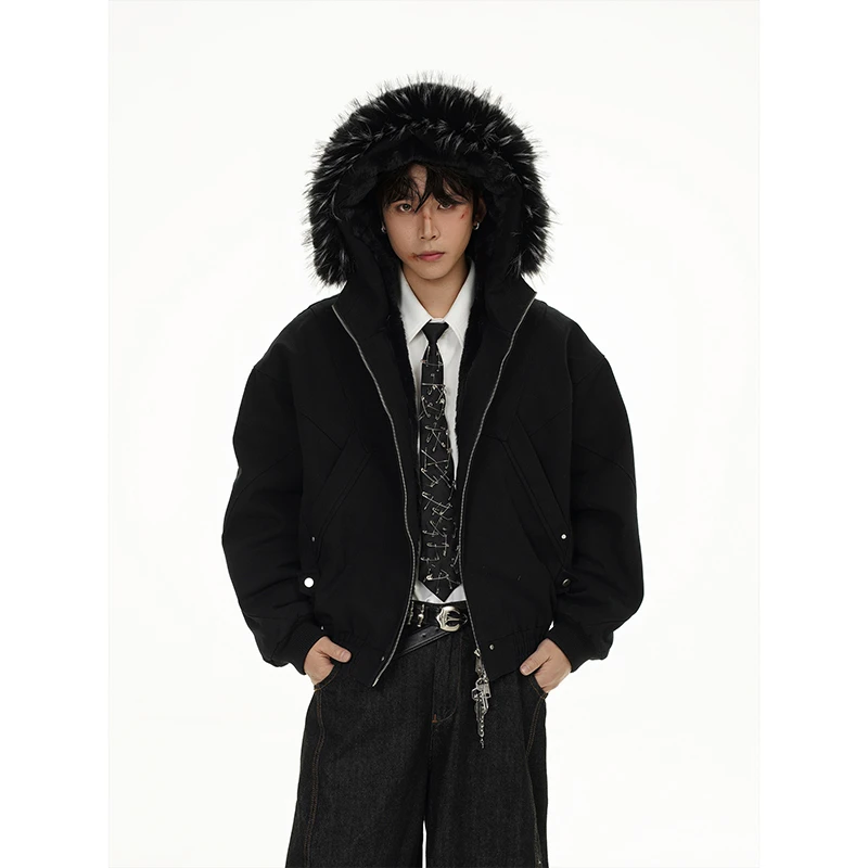 HY8535秋冬季保暖港风复古时尚百搭座山雕连帽棉衣男