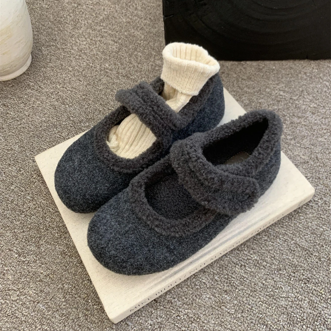 秋冬配裙子保暖加绒玛丽珍鞋毛毛鞋内增高单鞋棉鞋毛呢料软底女鞋