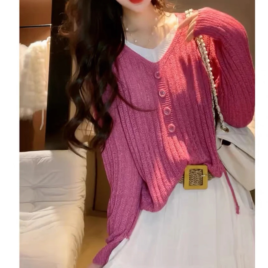 韩系假两件V领长袖女2025秋季新款抽绳设计休闲时尚百搭针织上衣