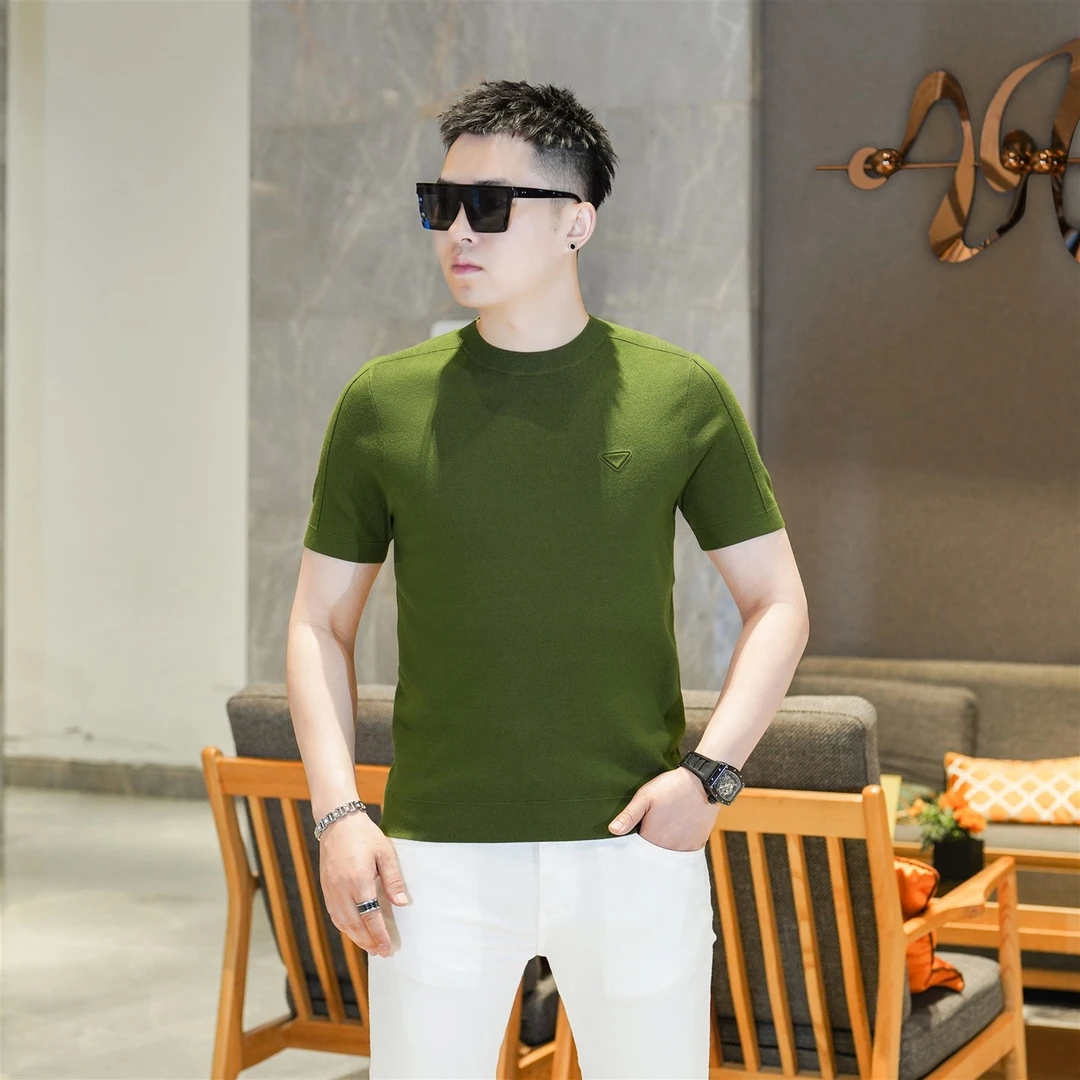 秋季新品简约轻奢商务时尚休闲祖母绿圆领短袖针织打底衫男GL7803