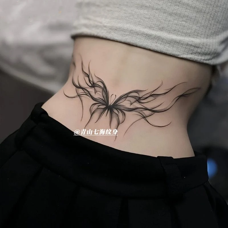 性感辣妹蝴蝶魅魔草本纹身贴防水防搓半永久遮疤纯欲腰部仿真刺青