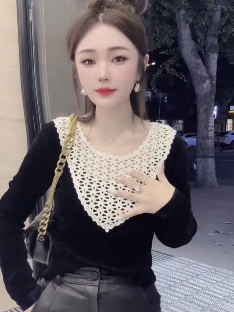 法式新款早秋拼接设计感气质丝绒长袖显瘦减龄时尚休闲显瘦衫百搭