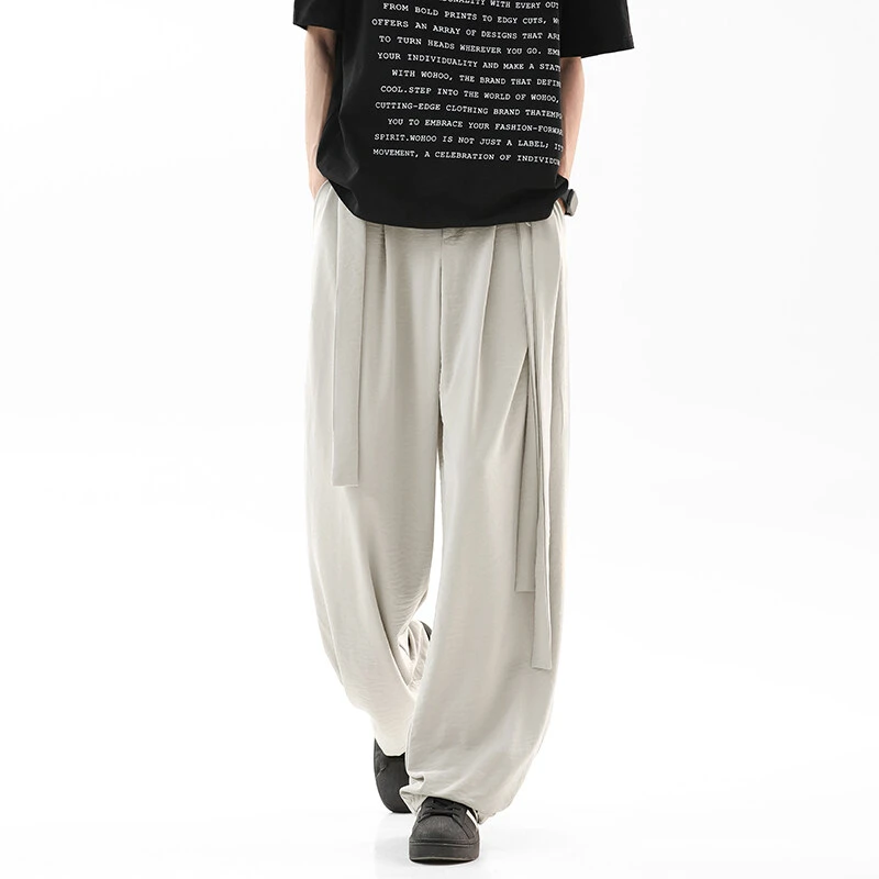 美式飘带设计感阔腿西裤男夏季潮牌直筒冰丝裤高级感垂感休闲裤子