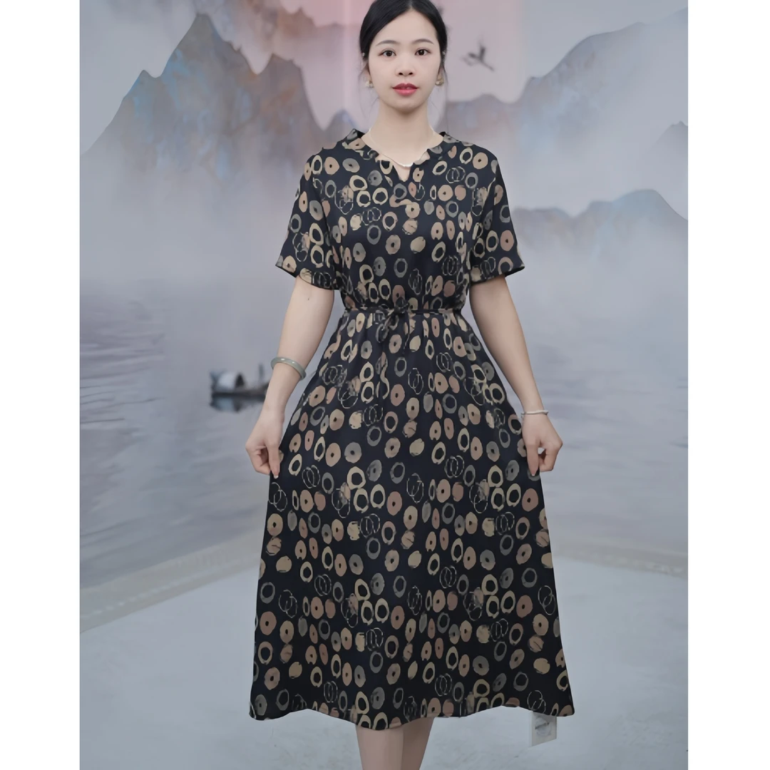 2497  夏季高端时尚印花小立领遮肉显瘦女装连衣裙