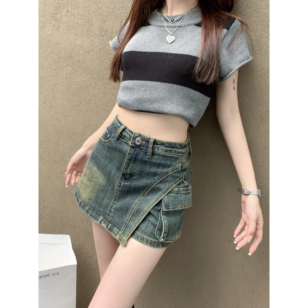 实拍实价#新款牛仔半身裙裤裙女设计感不规则大口袋辣妹短裙子