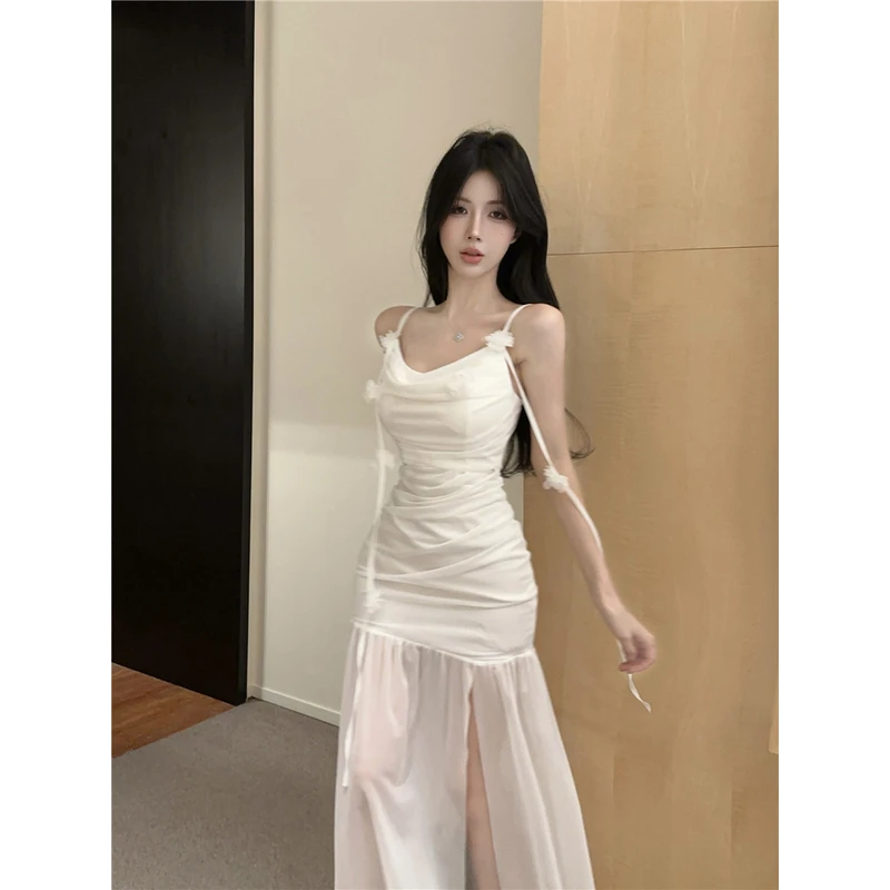 法式气质海边度假波西米亚网纱吊带收腰鱼尾裙花朵流苏飘逸长裙女