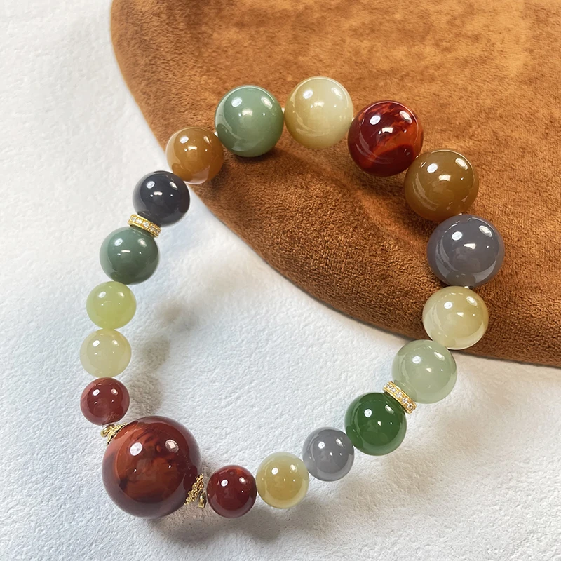 珠联帮【18K】和田玉精品多宝+1.5南红火焰纹单圈手串