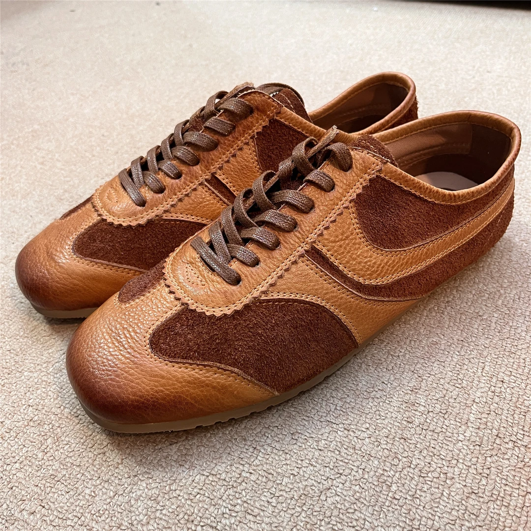 男款夏季新款复古德训鞋反绒牛皮拼色方头平底休闲运动鞋透气软底