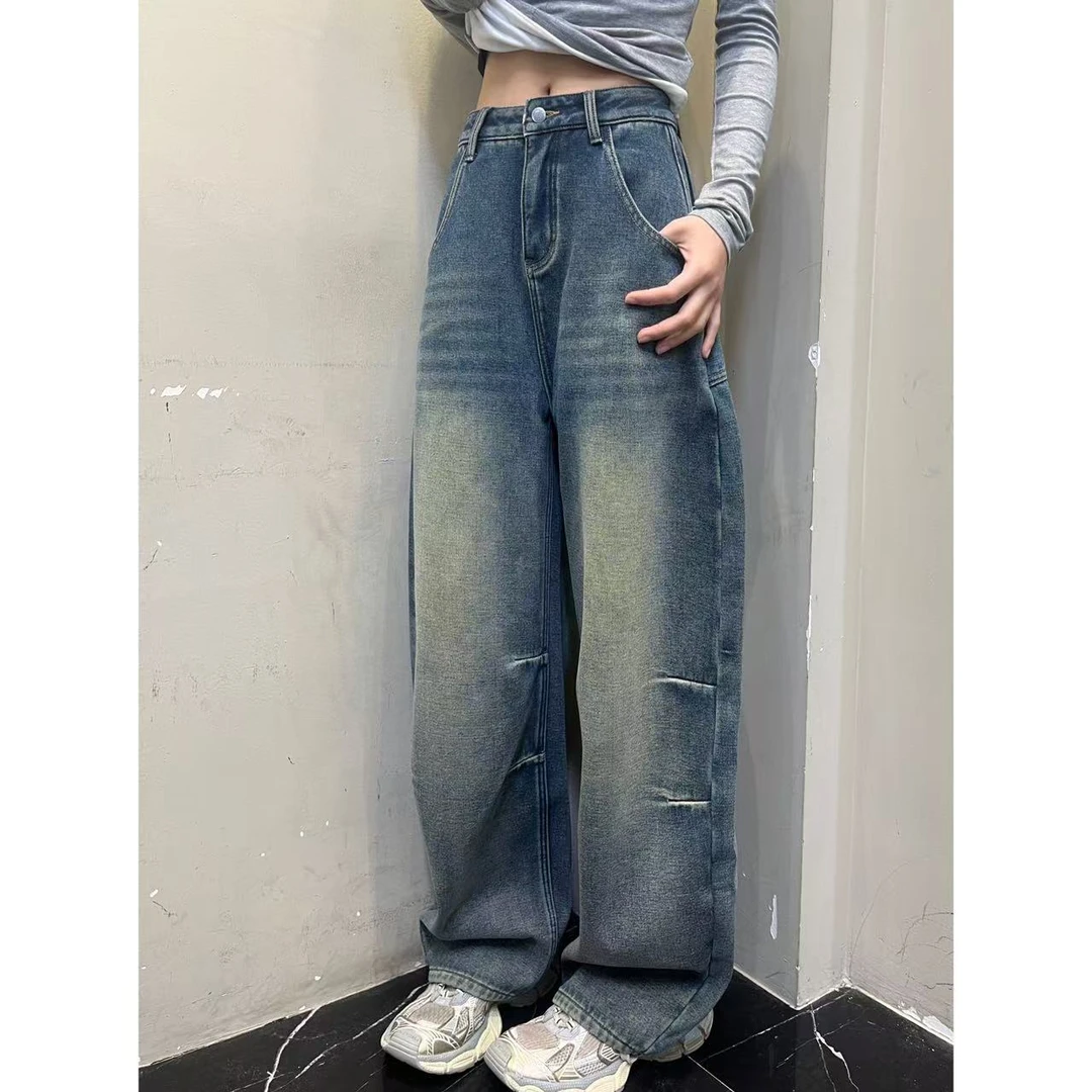 凡Fan【随意舒适】美式复古厚绒牛仔裤褶皱设计感通勤弯刀裤