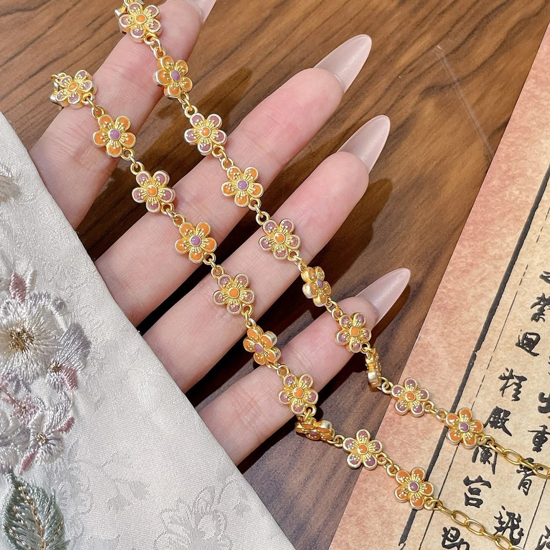 银9999描金珐瑯彩桃花吊平安喜乐手錬精致国潮风送礼百搭时尚