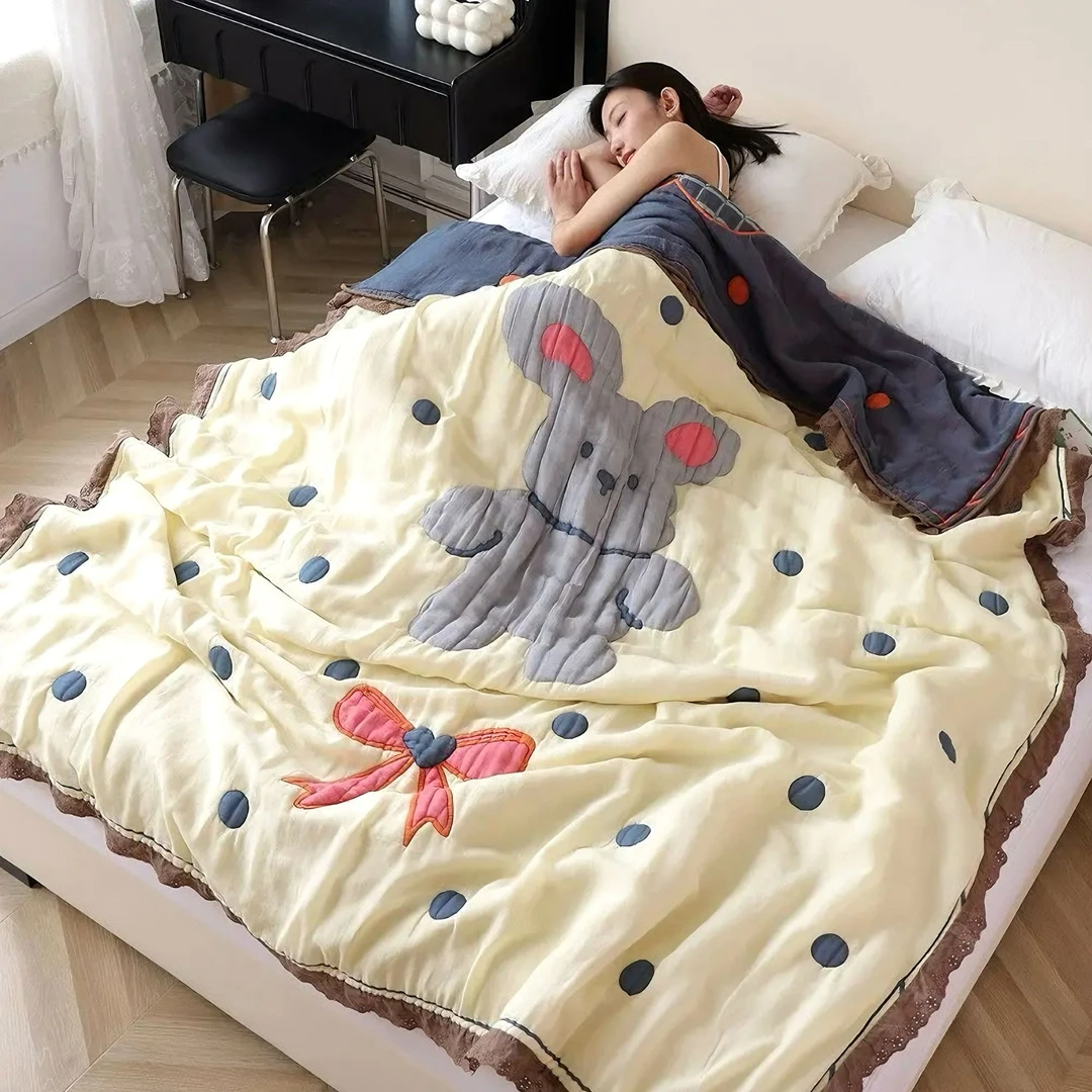 【蝴蝶结小熊】150x200十层高端精梳棉泡芙被超柔盖毯纯棉被