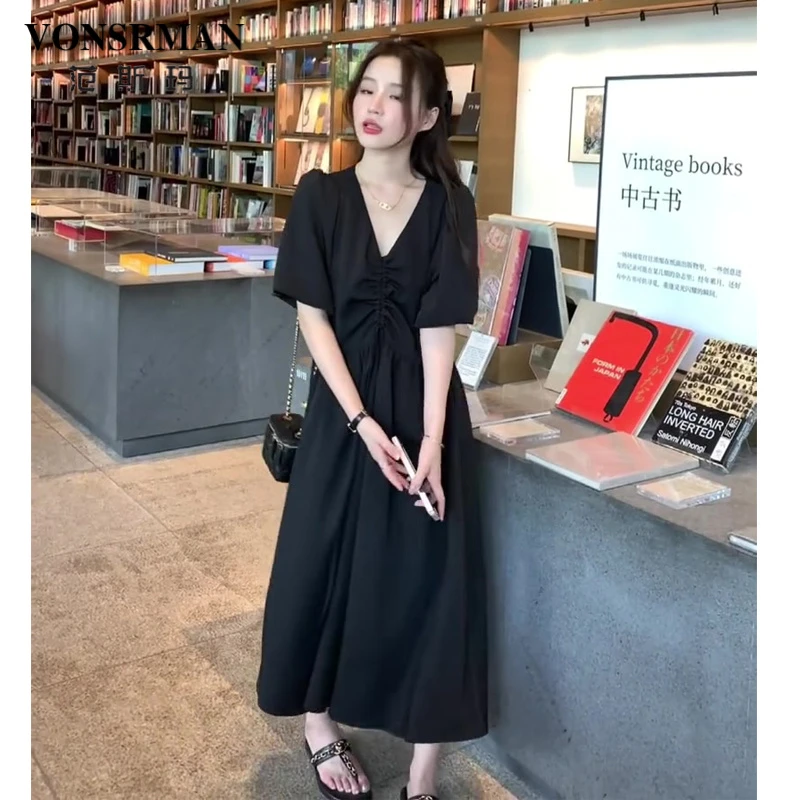 赫本风气质连衣裙V领抽皱遮肚子长裙女夏季胖mm显瘦大码法式复古