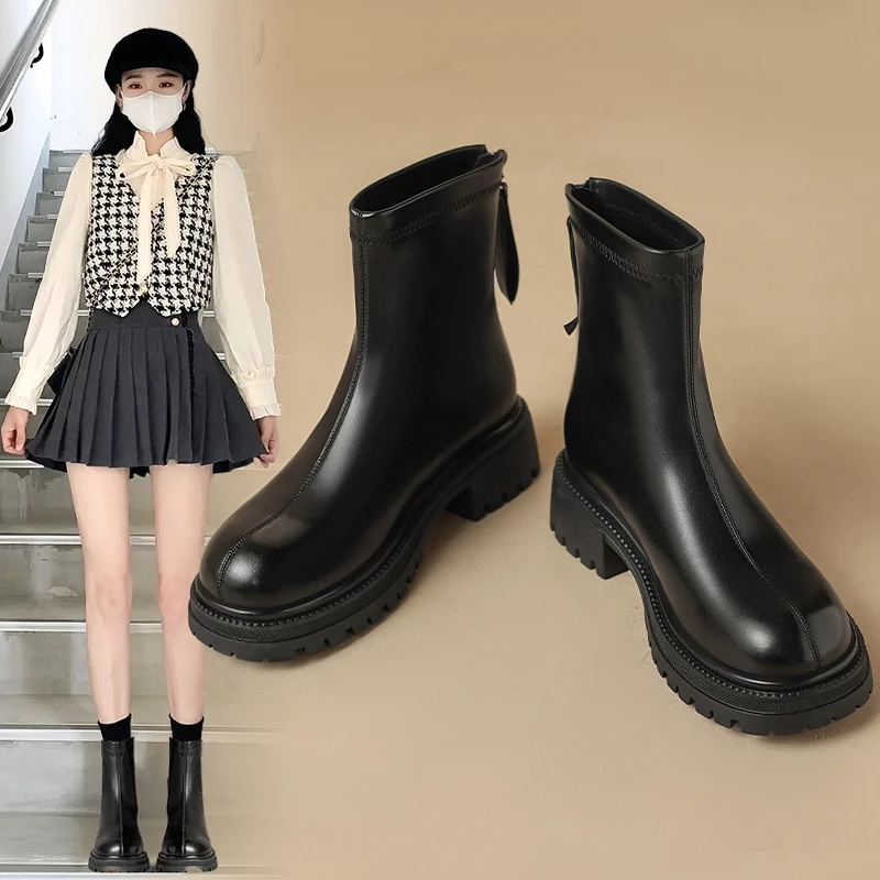 ZHR黑色短靴女2025新款秋冬厚底小个子粗跟马丁靴低跟方跟瘦瘦靴