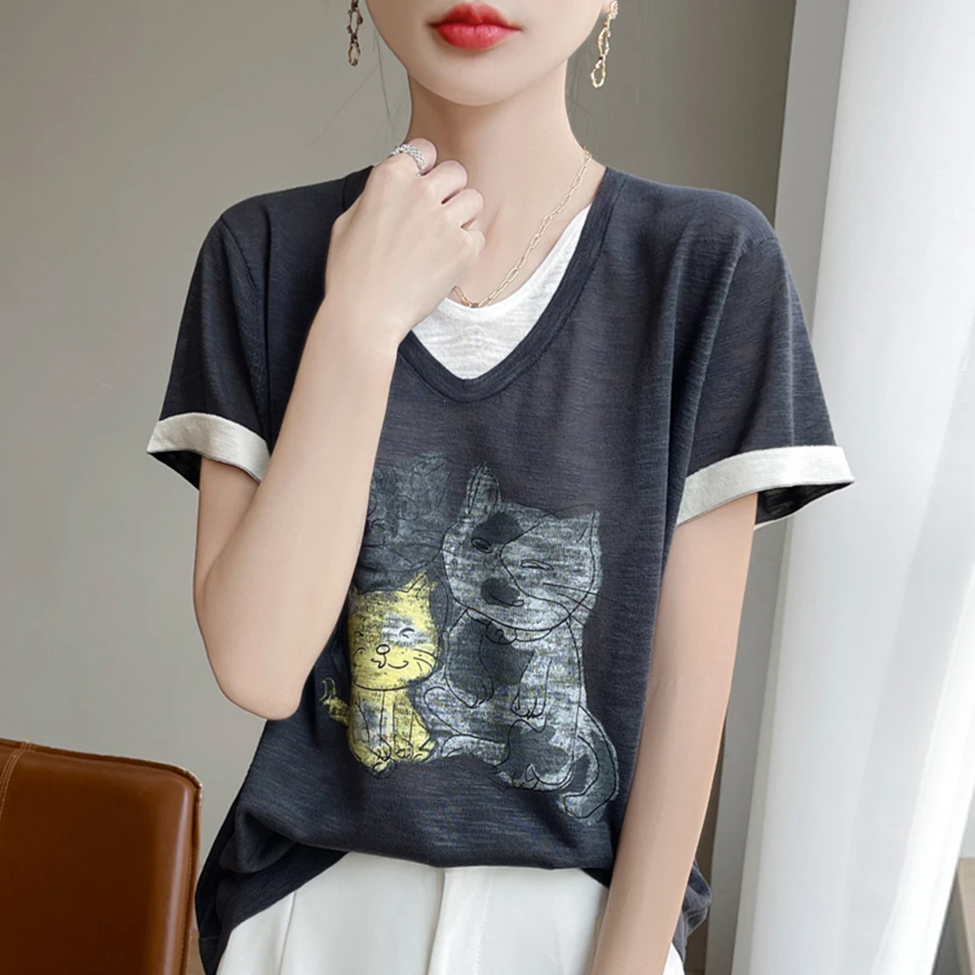 大码女装夏装胖mm冰丝针织衫女士短袖t恤遮肚子显瘦假两件v领上衣