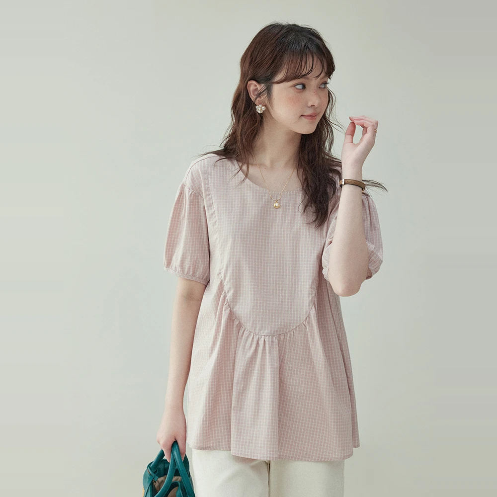 「北岛AMUU原创」少女感粉格短袖纯棉娃娃衬衫女夏季减龄宽松上衣