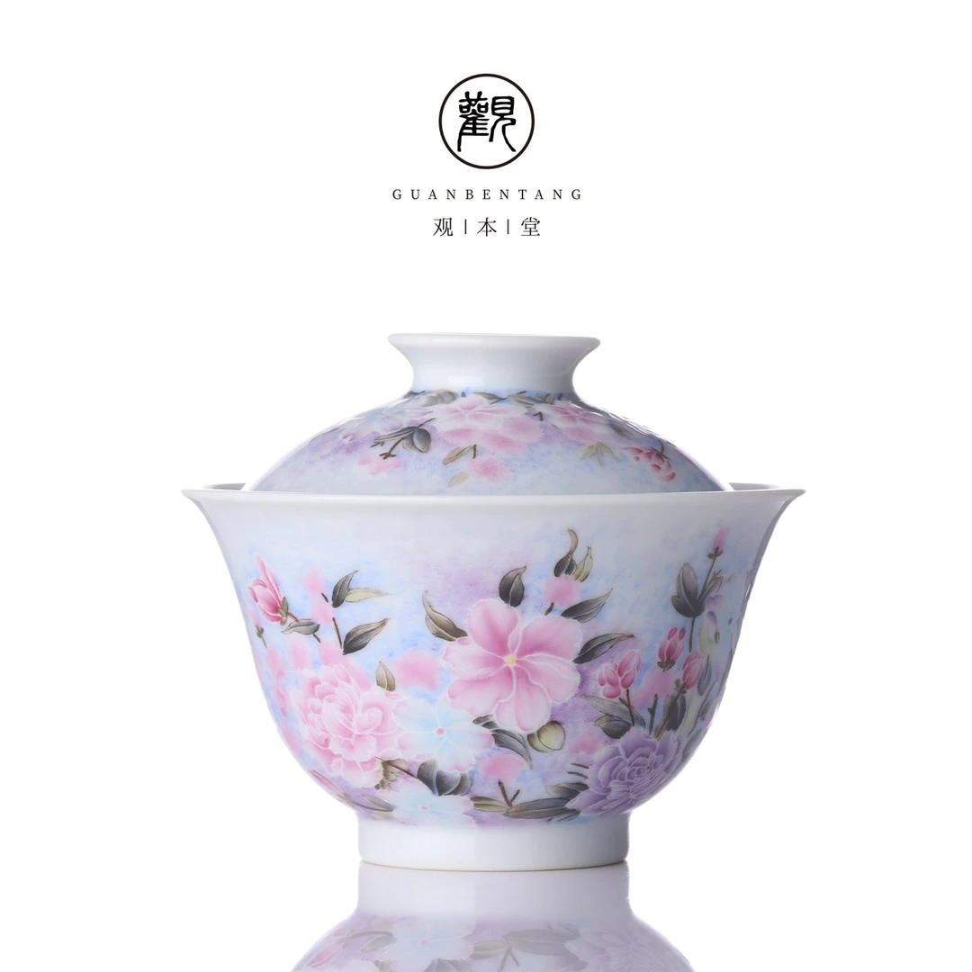 栖凤居手绘粉彩莫奈花园盖碗高端景德镇喝茶泡茶碗单人专用茶具