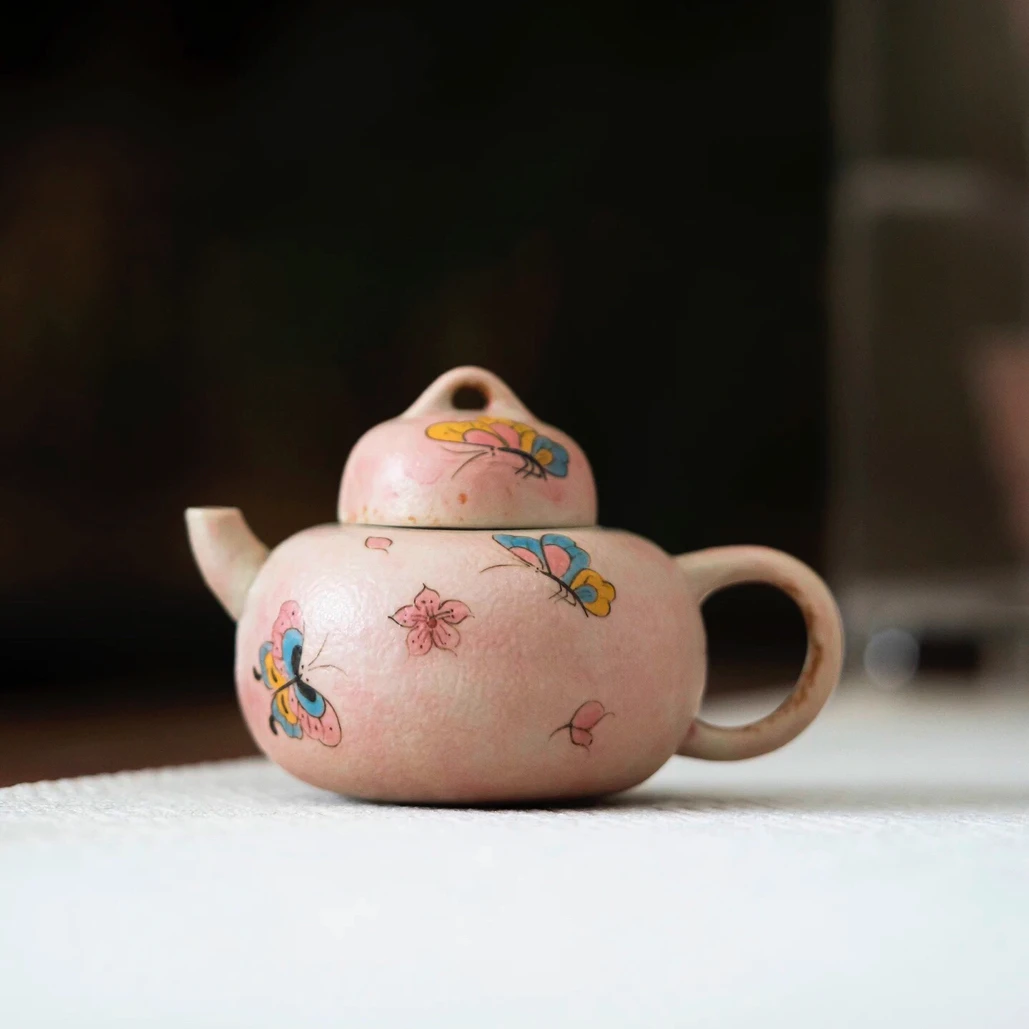 焦糖釉手绘蝶恋花桃花粉黛茶壶家用陶瓷泡茶壶中式功夫茶具