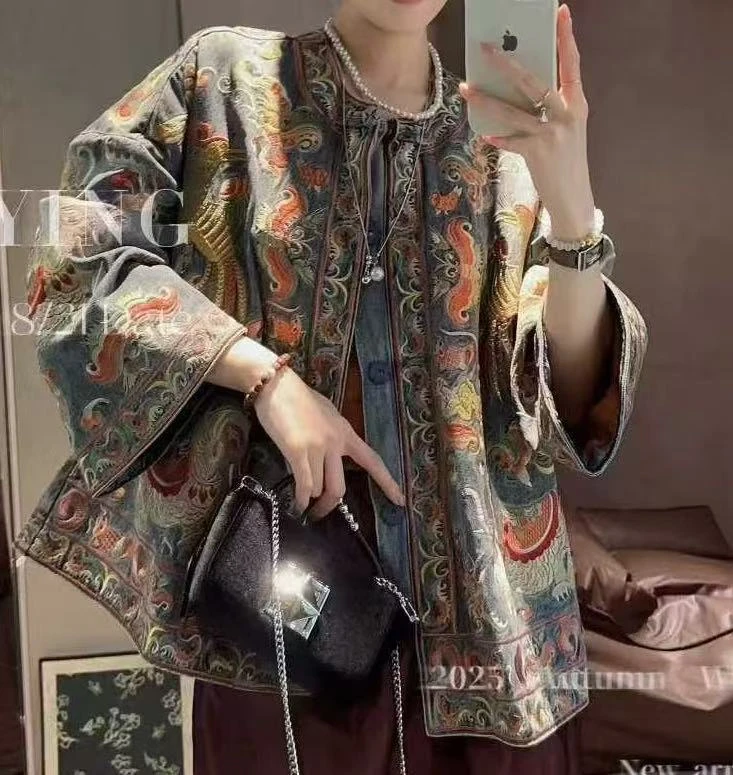 【金凤吉象】新中式刺绣国风宽松显瘦女外套2025C1924—双双玫瑰仓