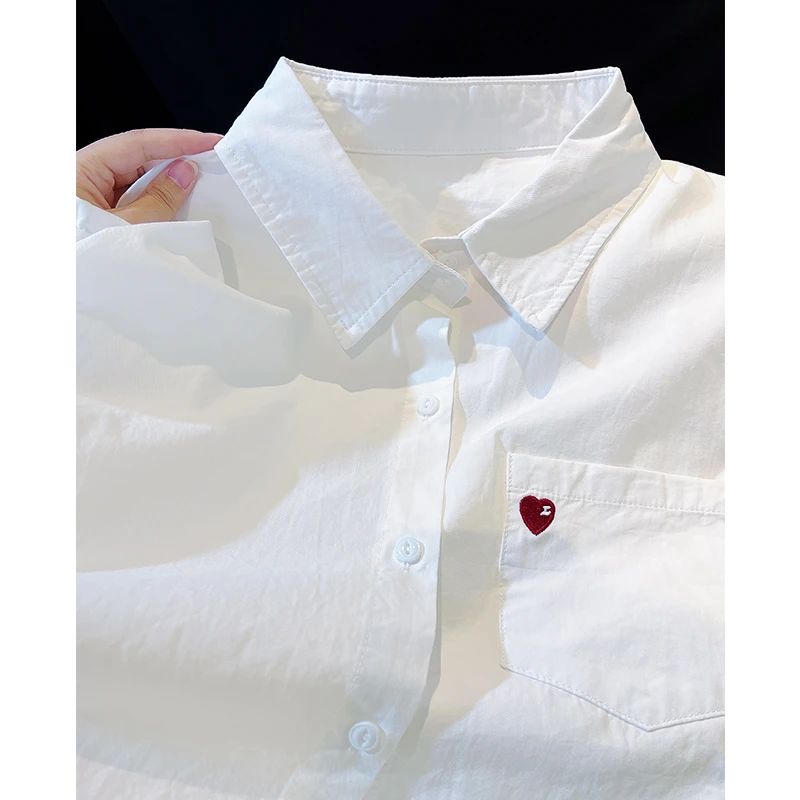 文艺风小爱心刺绣Polo领白衬衫女2026春秋宽松显瘦长袖休闲上衣潮