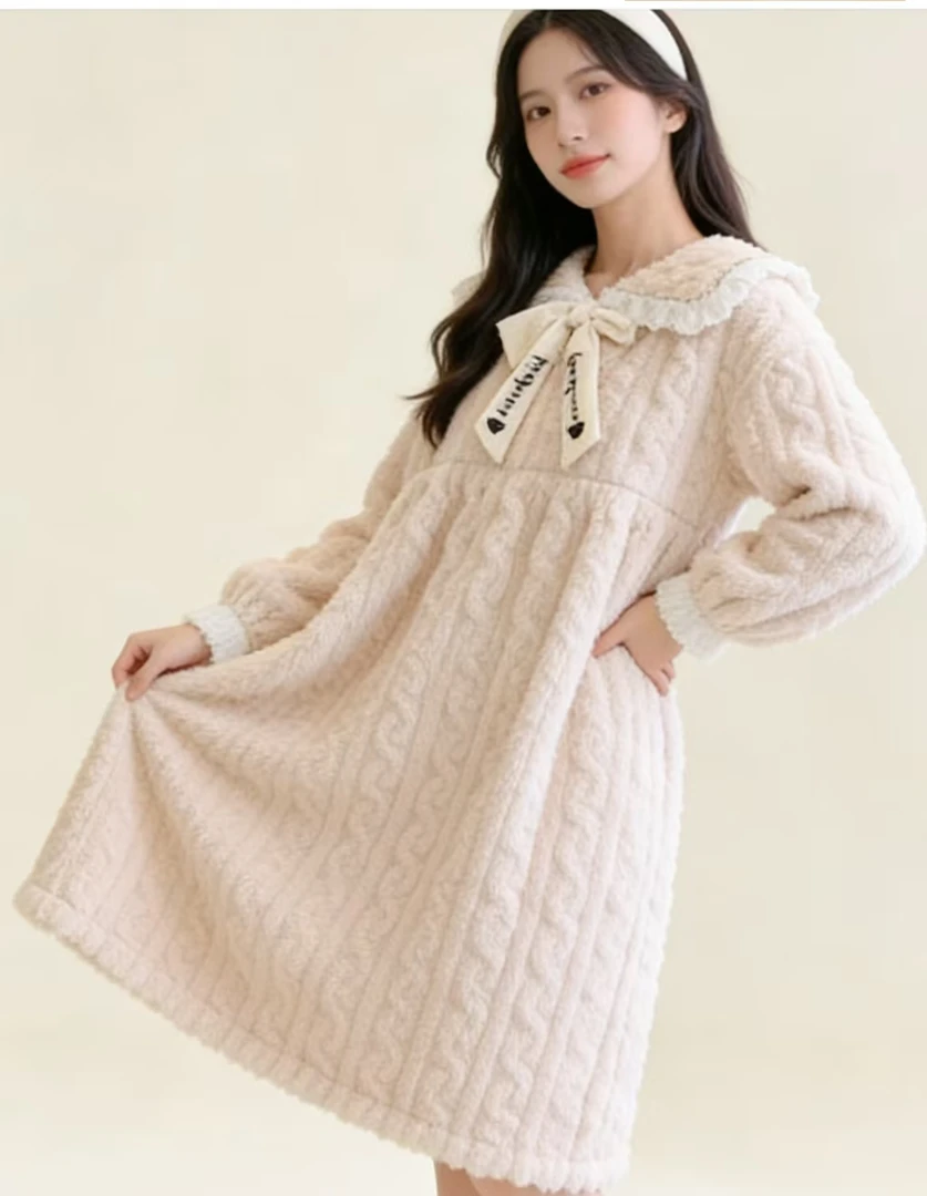 睡衣秋冬季开衫甜美加厚保暖珊瑚绒家居服睡裙米白色蝴蝶结
