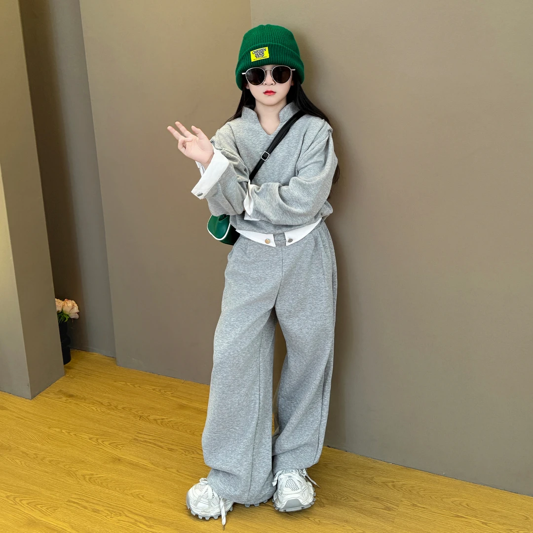 女童2025新款中大童韩版洋气时尚春秋季休闲运动小V领卫衣套装潮