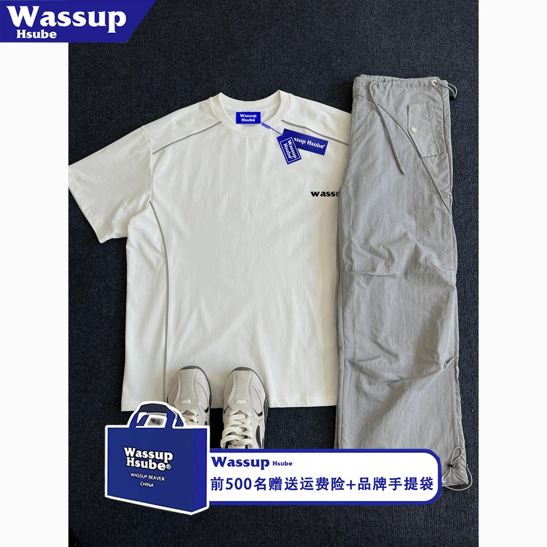 WASSUP HSUBE美式复古短袖T恤男女夏季线条拼接字母印花纯棉上衣