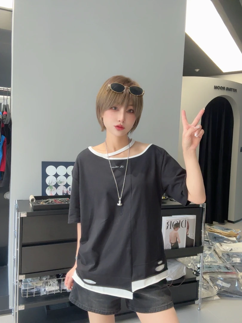 右肩带小心机假两件T恤拼色T恤60239