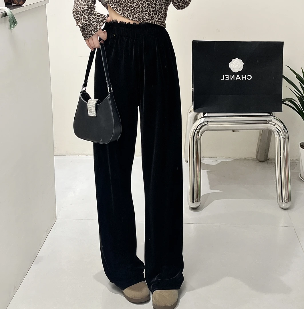 休闲巴黎 上新丝绒黑色蕾丝直筒裤显瘦时尚气质优雅高品质586