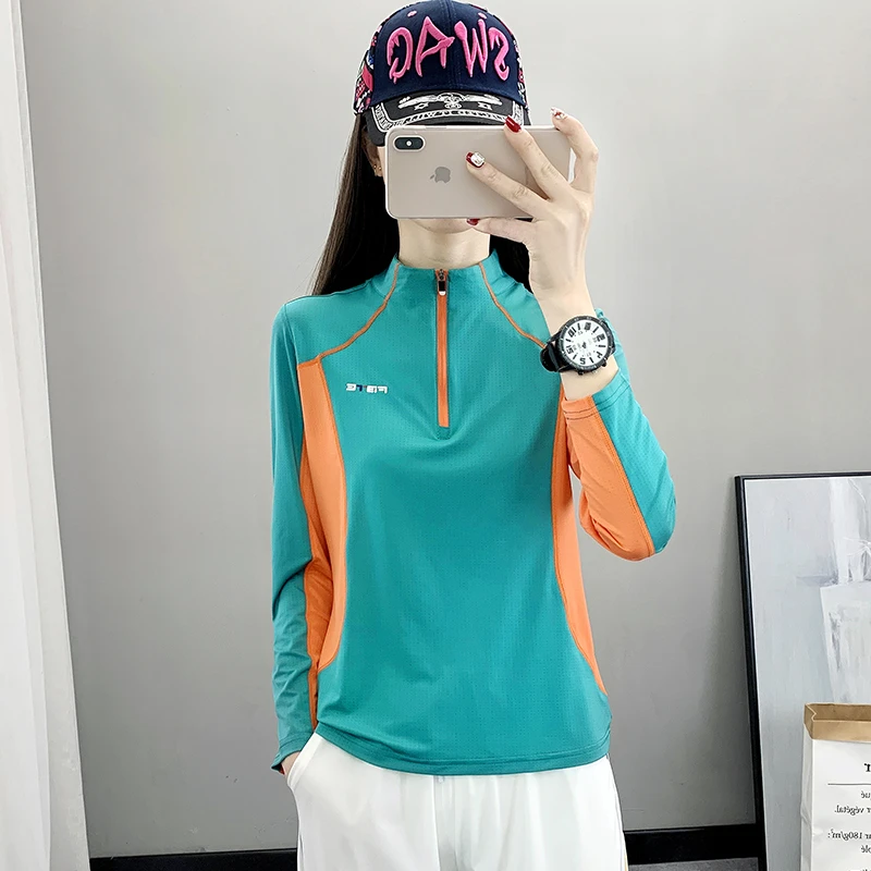 春季新款速干T恤女长袖弹力透气拼色显瘦时尚防晒运动跑步休闲服
