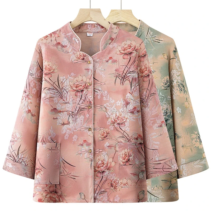 时尚时尚加肥中年长袖妈妈装上衣春秋中老年女装老年人宽松外套