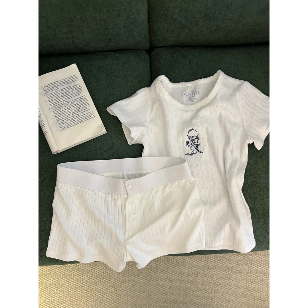 软糯可爱小天使印花睡衣女夏季薄款短袖条纹短裤家居服套装可外穿