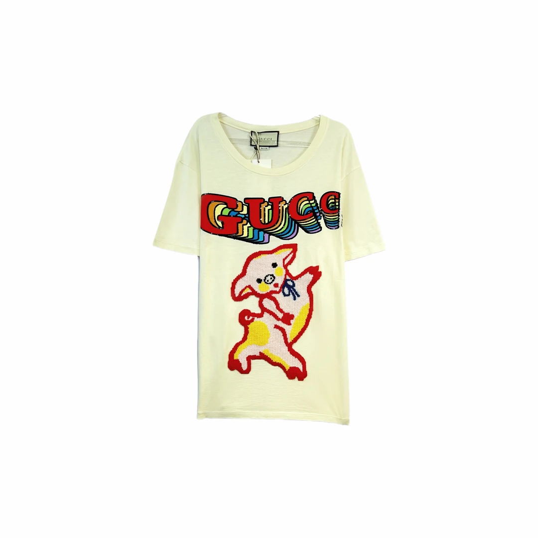 99新 GUCCI/古驰 011202 Logo字母印花小猪刺绣短袖T恤 M码