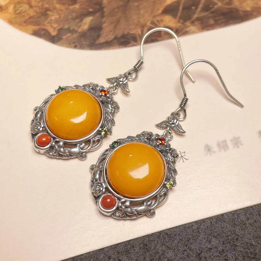 天然原矿蜜蜡耳环复古老银子镶嵌国风民族风