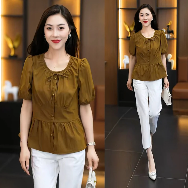 收腰衬衫上衣女短袖2024年夏季新款时尚显瘦遮肚子百搭洋气质小衫