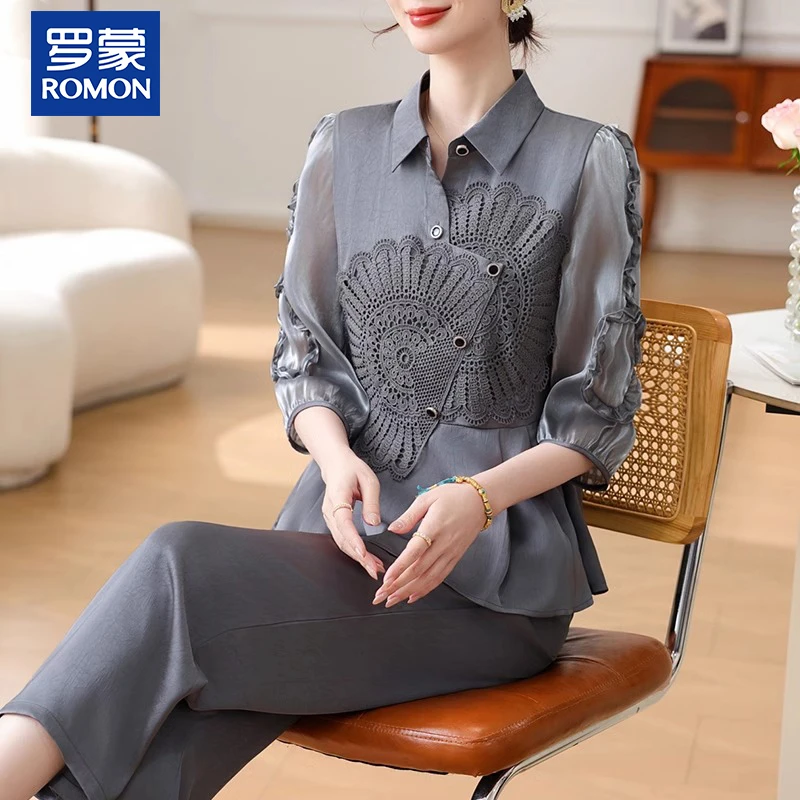 罗蒙妈妈装夏季高档套装新款中年时尚上衣中老年女气质显瘦两件套