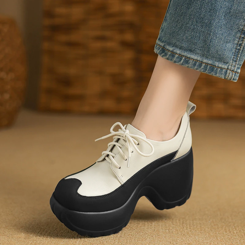 时尚拼色真皮圆头防水台高跟鞋小个子不累脚厚底坡跟深口单鞋女款