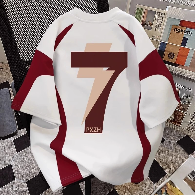 加肥加大码300斤美式街头拼色数字印花短袖t恤男士夏季新款上衣服